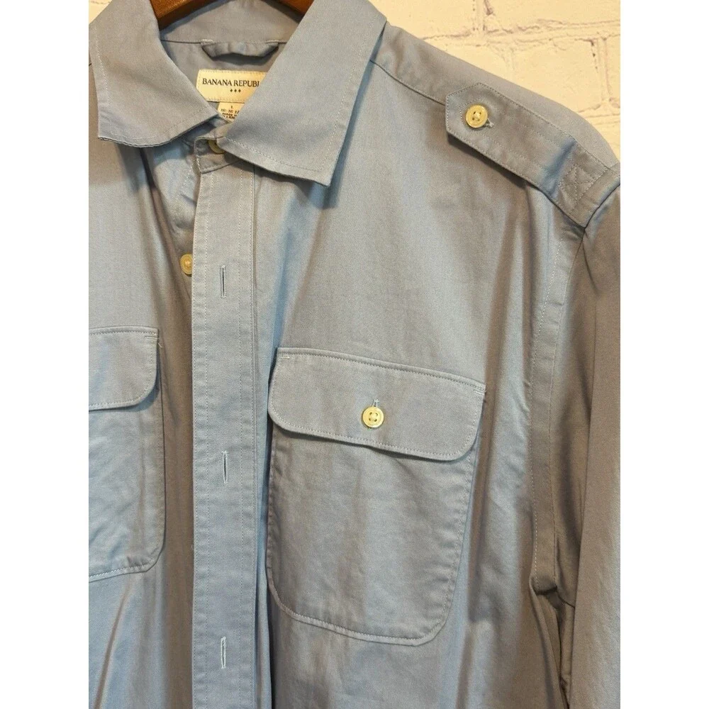 Banana Republic Mens L Shirt Light Blue Roll Tab Sleeve Utility Safari Cotton